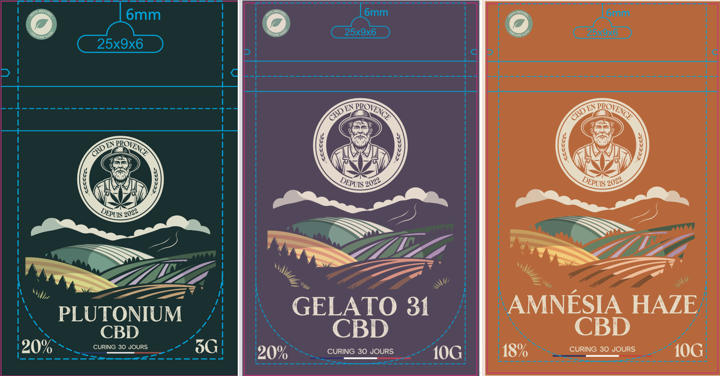 🌿Lot dégustation Fleur de Provence (CBD Plutonium 20% + CBD Amnézia Haze 18% + CBD Gelato 31 20%) – 10 grammes